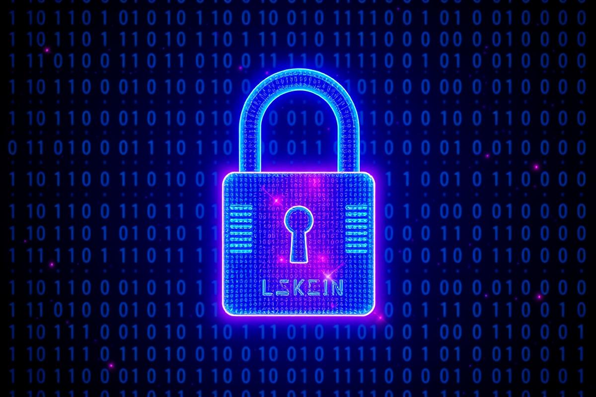 Digital padlock illuminated against a background of binary code