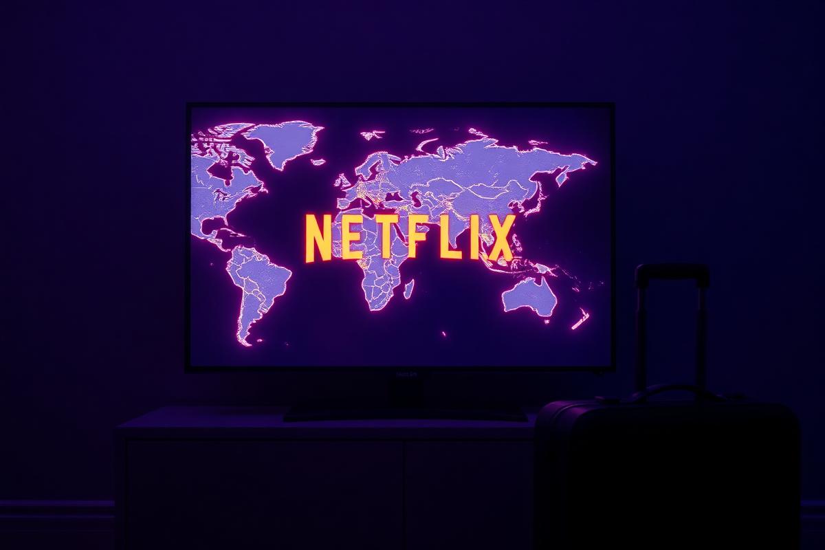 Television displaying Netflix alongside a world map and a suitcase