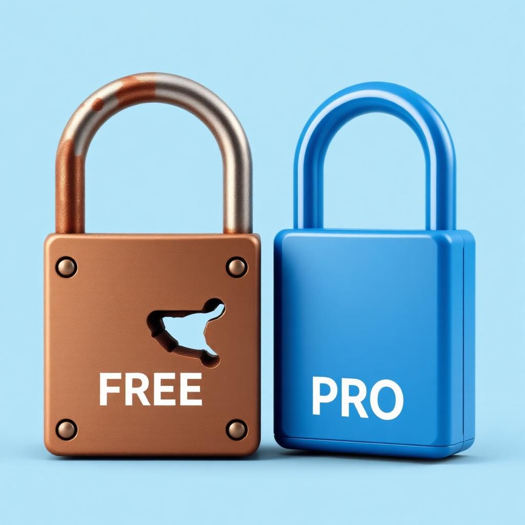 Two padlocks: a rusted one labelled FREE next to a solid blue one labelled PRO